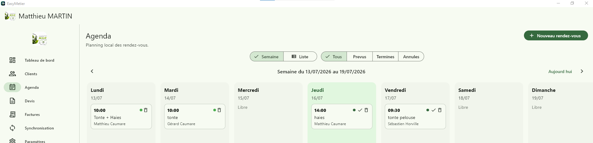 Capture de l’agenda EasyMétier